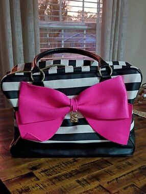 Striped Black & White Tote with Pink Bow